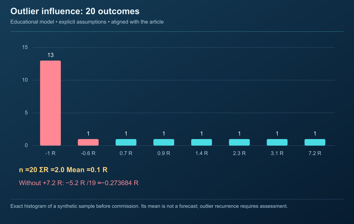 R-multiple distribution histogram ของ Forex strategy backtest พร้อมเส้น net expectancy แนวตั้ง