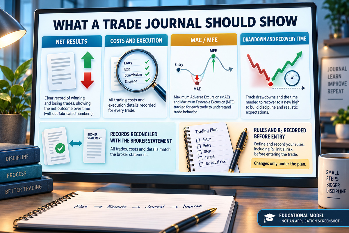 ตัวอย่างอินเทอร์เฟซสมุดบันทึกเทรดเดอร์ Forex ใน Edgewonk หรือ MyFxBook พร้อมเมตริก – expectancy, profit factor, drawdown, MAE/MFE, รายละเอียดต่อ setup และหมวดข้อผิดพลาด