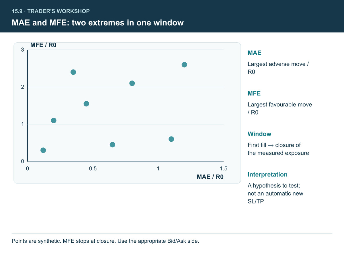 การกระจาย MAE และ MFE บน 200 เทรด – scatter plot แสดงว่าราคาเคลื่อนสวนและในทางที่เป็นประโยชน์กับสถานะไกลแค่ไหนก่อนปิด MAE ของเทรดชนะกระจุกต่ำ MFE ของเทรดแพ้ใกล้ศูนย์