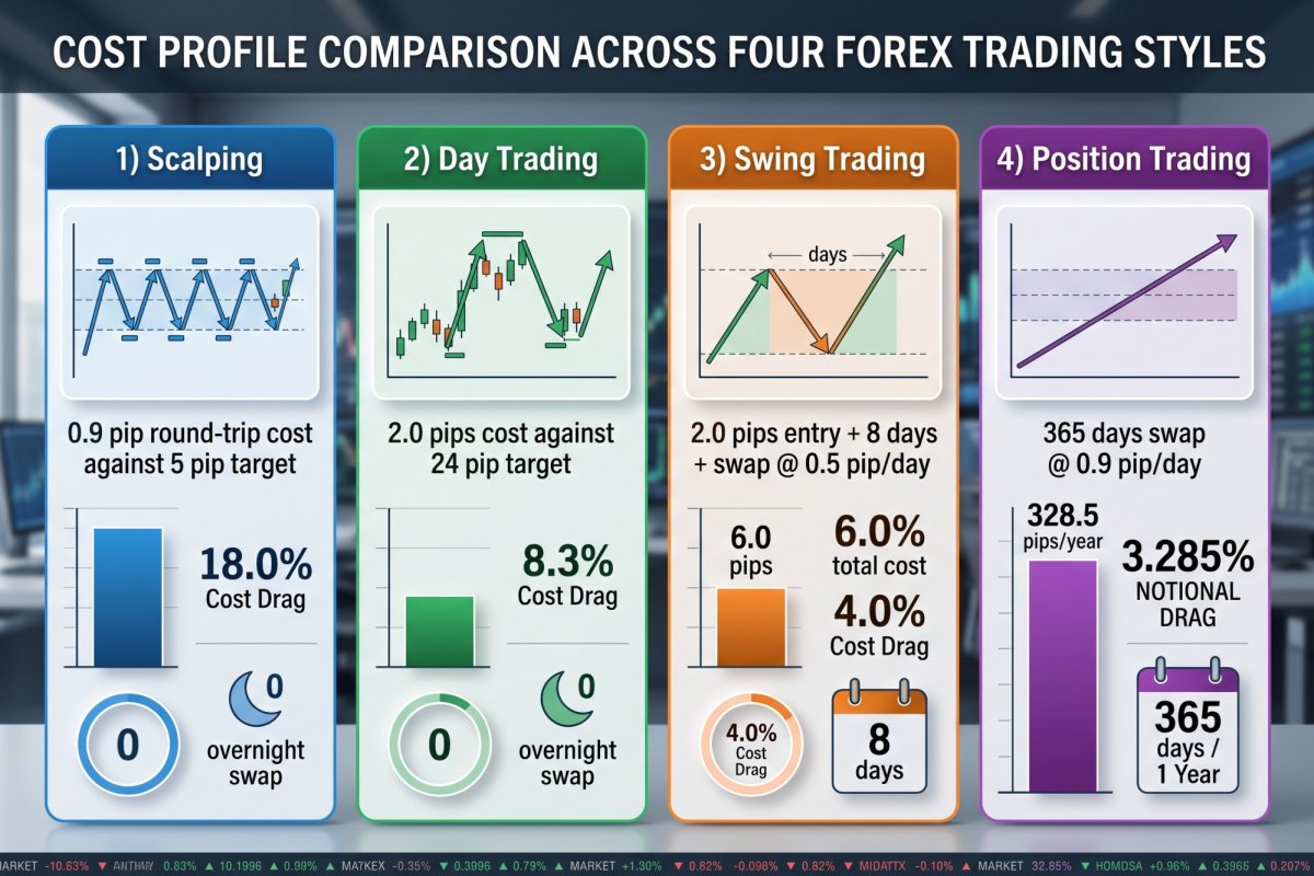 Stapelbalkendiagramm: vier Handelsstile (Scalping, Day Trading, Swing, Position) mit jaehrlichen Reibungskosten aufgeschluesselt nach Komponenten – Spread, Slippage, Swap, ECN-Provision