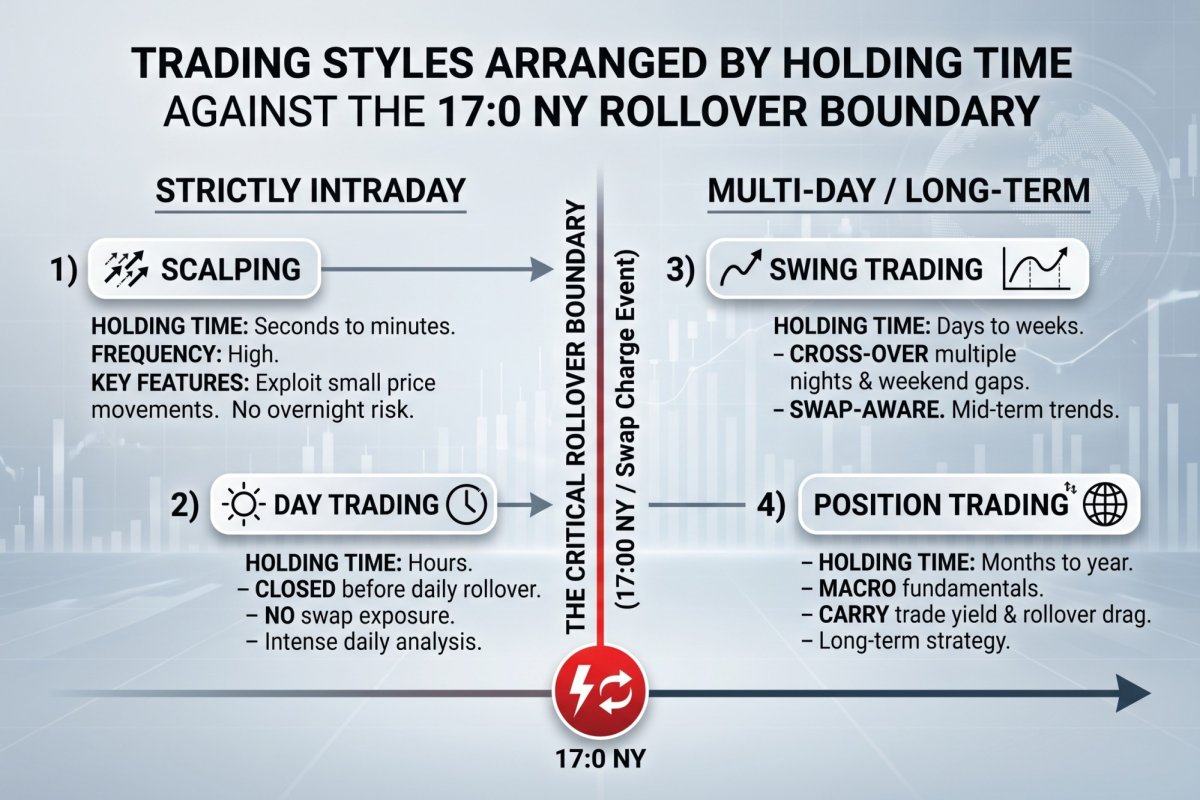 Vier Handelsstile auf einer Zeitachse – Scalping, Day Trading, Swing, Position – mit Reibungskosten, Kostenprofil und der Schluesselvariablen jedes Stils markiert