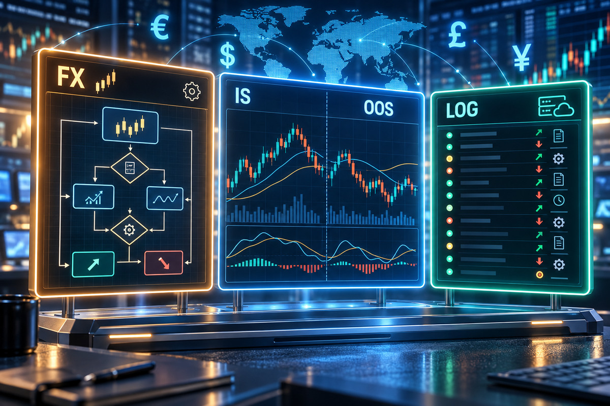 Trading algoritmico en Forex – un monitor con codigo de estrategia, una curva de equity de backtest y logs de ejecucion de ordenes