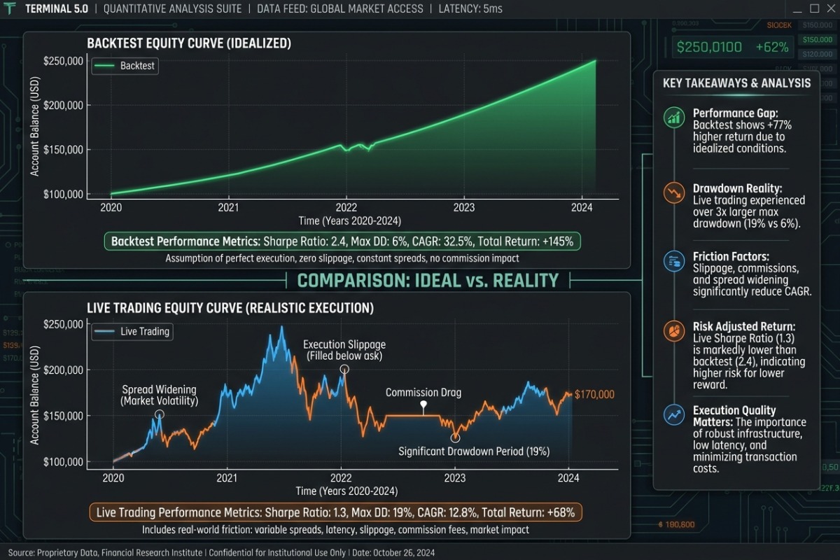 Comparacion de la curva de equity de backtest (suave, ascendente) vs la curva de equity en vivo (con drawdowns mas profundos y CAGR menor) – el mismo sistema, costos distintos