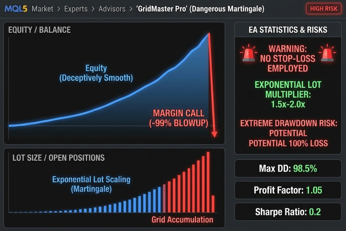 MQL5 Market – perfil de un EA tipico de martingala: linea de equity ascendente suave terminando en una caida vertical (-99%)