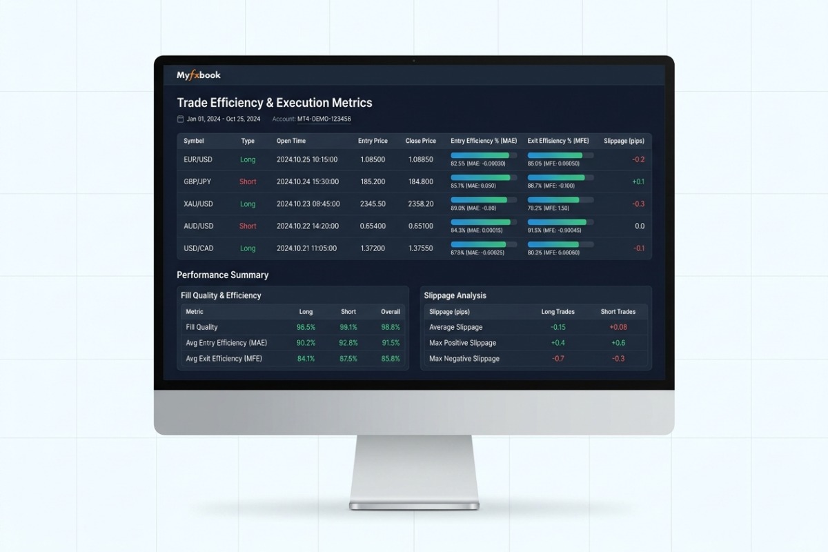 MyFxBook Trade Analysis – columnas de eficiencia de entrada, eficiencia de salida y slippage por direccion: captura de muestra de analisis de calidad de fill
