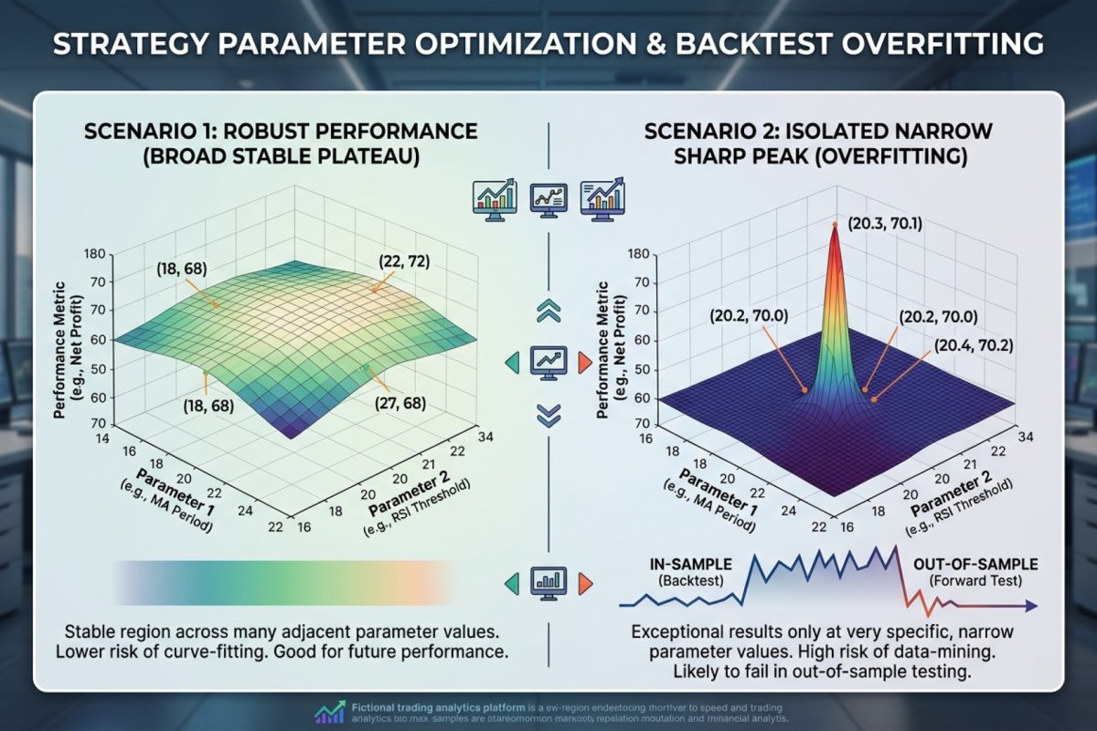 Heatmap de optimizacion de parametros MA fast/slow – plateau estable (parametros razonables) vs isla aislada de rentabilidad (overfitting): comparacion In-Sample vs Out-of-Sample