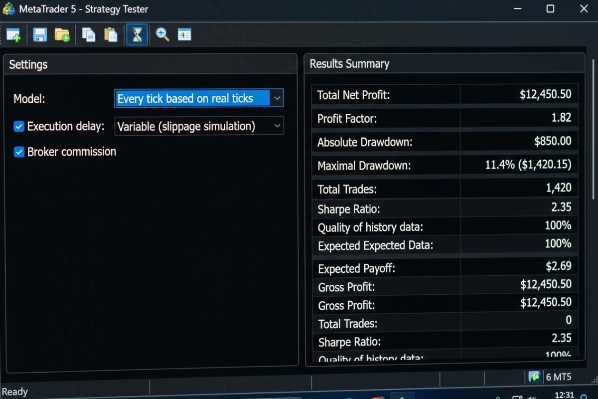 Reporte del MT5 Strategy Tester – ajuste Every tick based on real ticks, comision, spread variable, fragmento de reporte con DD, numero de operaciones y parametros del test