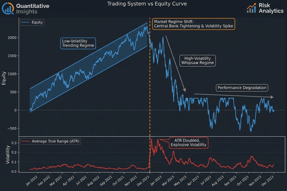 Curva de equity del sistema con linea vertical en el momento del cambio de regimen de mercado (subida del ATR / cambio de politica del banco central) – el sistema deja de funcionar tras el cambio de entorno