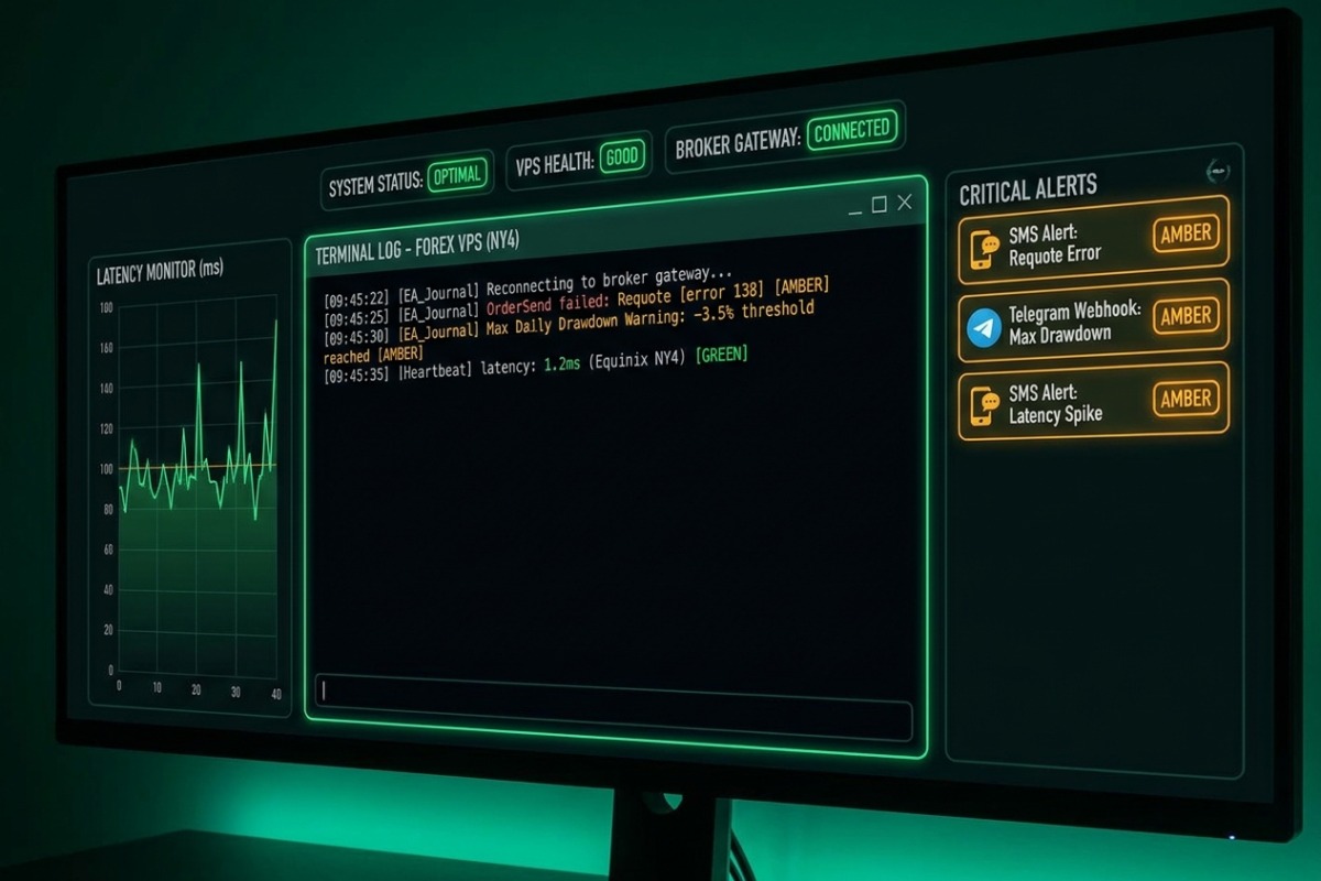 Logs de VPS – alerta de drawdown, reconnect, journal con error de ejecucion (requote / off quotes / failed order), monitoreo de EA