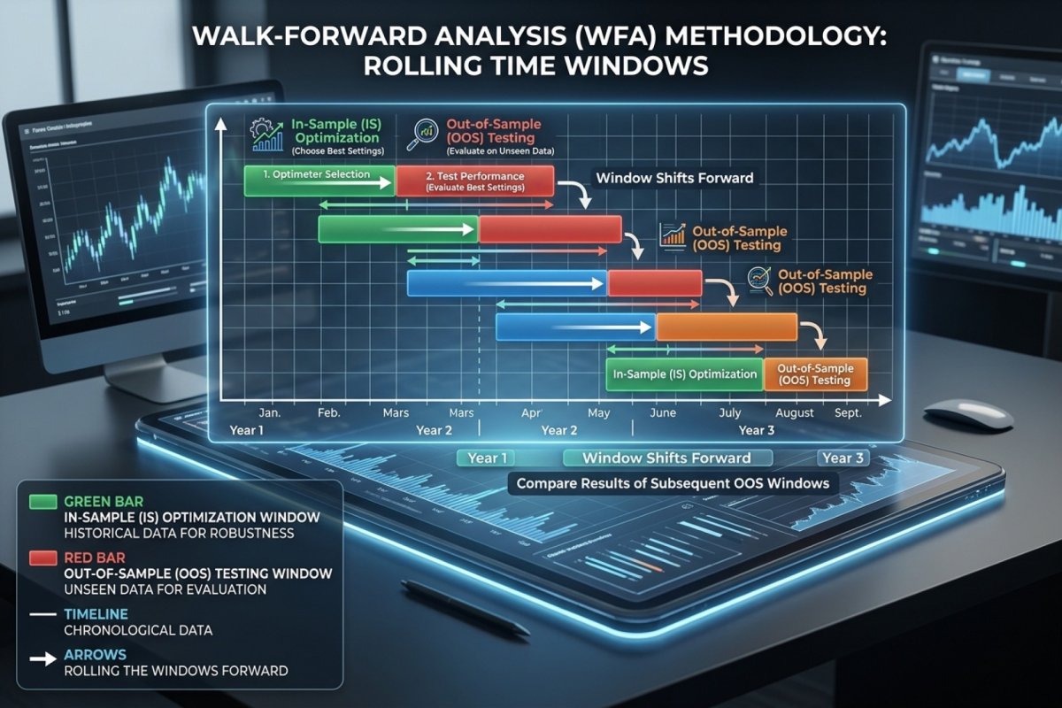 Walk-forward analysis – esquema de ventanas In-Sample y Out-of-Sample deslizantes con curva de equity OOS agregada