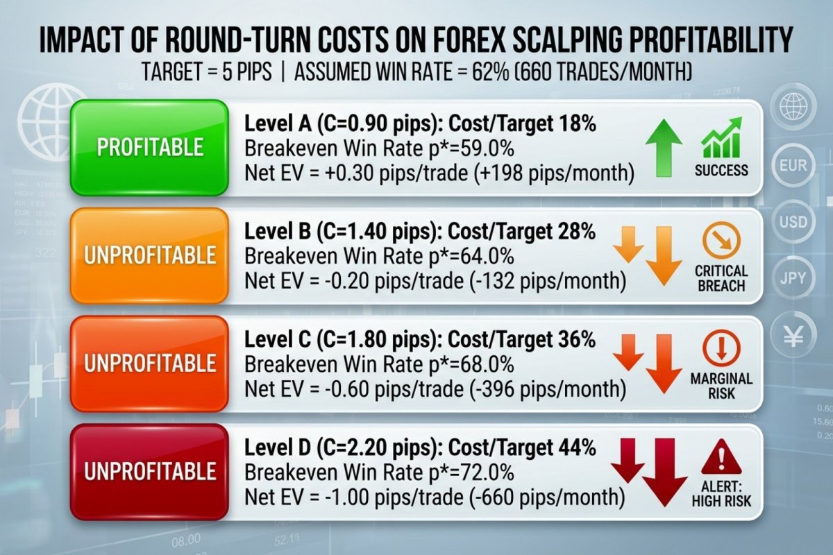 Vier Kostenniveaus beim Round Turn im Scalping — Kosten als Anteil am Ziel, die daraus folgende Break-Even-Trefferquote und das Nettoergebnis pro Trade bei ein und derselben angenommenen Trefferquote; illustrative Werte