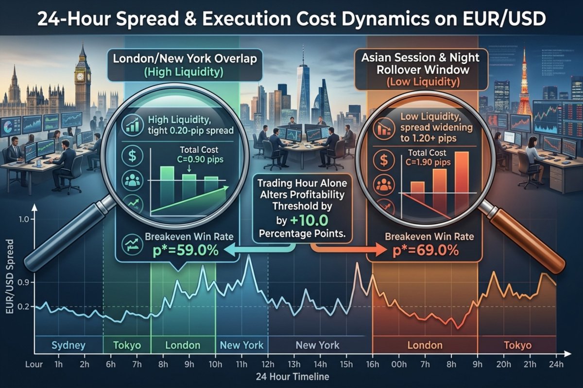 Die Variabilität der Round-Turn-Kosten über den Tag und ihre Auswirkung auf die Rechnung: dasselbe Fünf-Pip-Ziel bei engem und bei ausgeweitetem Spread ergibt eine Schwelle von 59,0% gegen 69,0%; illustrative Werte