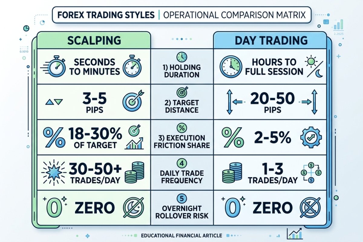 Operationale Merkmale von Scalping gegenüber Day-Trading: Haltedauer, Halten über den Rollover, Arbeitsweise und die daraus folgende dominante Kostenkomponente