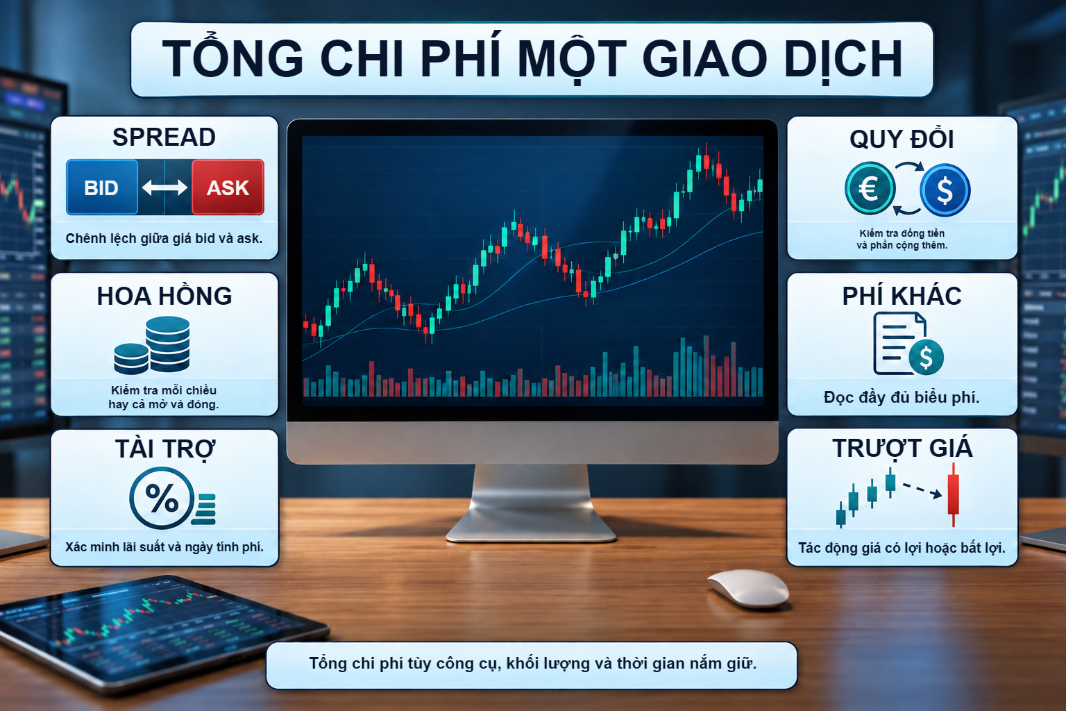 Chi phí giao dịch Forex, gồm spread, phí hoa hồng, tài trợ và các khoản bổ sung ngoài giá quảng cáo.