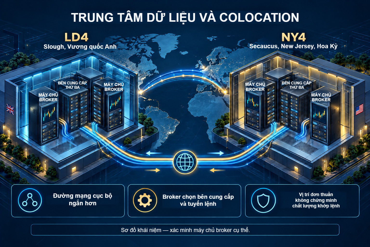 Sơ đồ colocation đặt LD4 ở Slough và NY4 ở Secaucus, với tủ máy chủ và kết nối chéo cục bộ