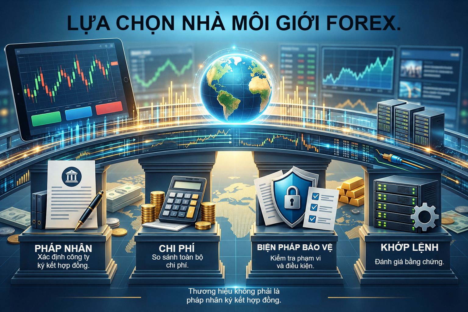 Bốn khía cạnh cần xác minh ở nhà môi giới: pháp nhân, chi phí, biện pháp bảo vệ và khớp lệnh.