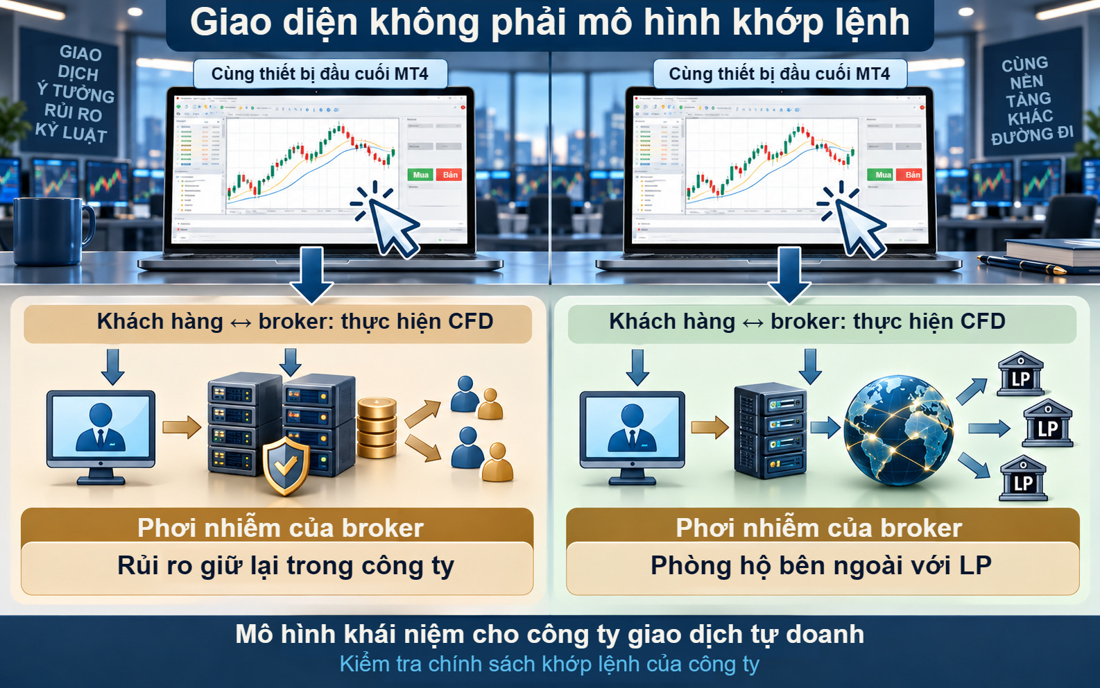 Hai thiết bị đầu cuối MT4 giống nhau với các lớp riêng cho khớp lệnh CFD và quản lý phơi nhiễm của broker.
