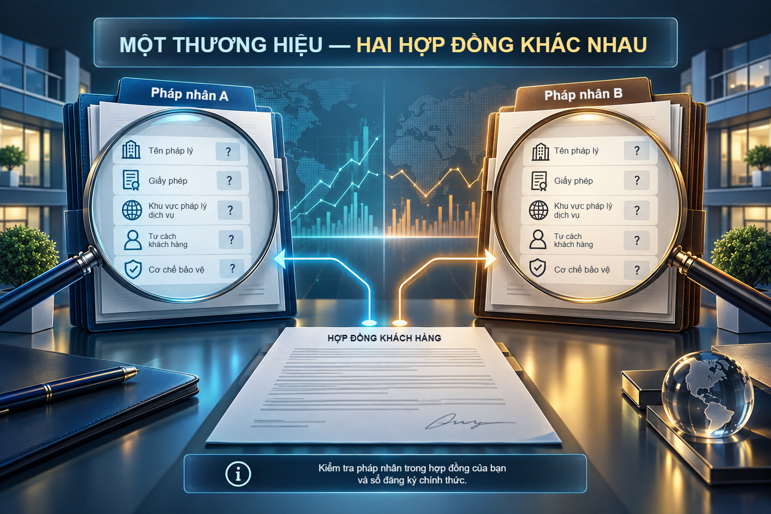 Hai hợp đồng cho pháp nhân cùng tập đoàn, so tên pháp lý, giấy phép, căn cứ dịch vụ, tư cách khách và bồi thường