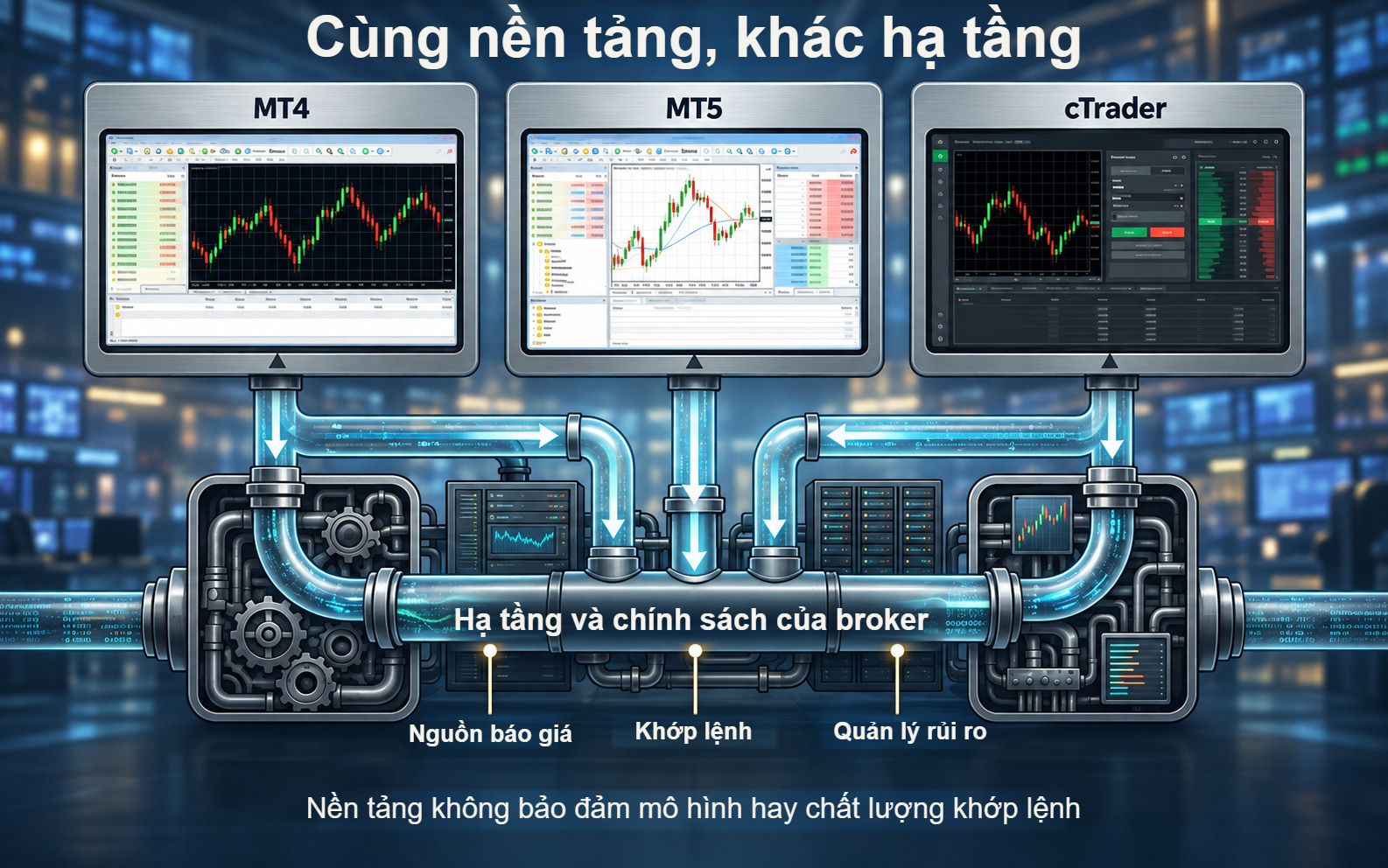 Thiết bị đầu cuối MT4, MT5 và cTrader phía trên hạ tầng báo giá, khớp lệnh và quản lý rủi ro của broker.