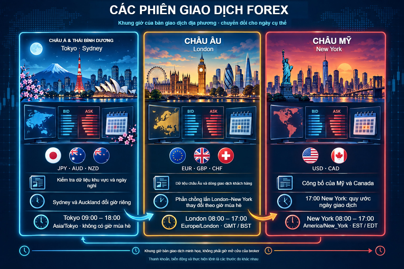 Các phiên Forex: châu Á–Thái Bình Dương, châu Âu và châu Mỹ với giờ bàn giao dịch địa phương giả định