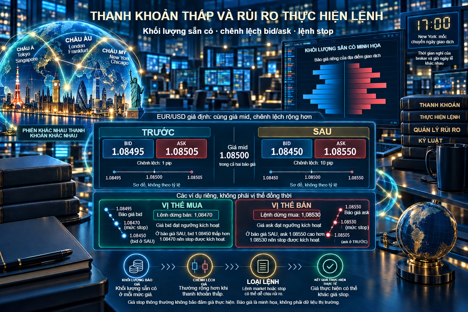 Thanh khoản thấp: chênh lệch rộng hơn tại mid cố định và hai lệnh stop riêng