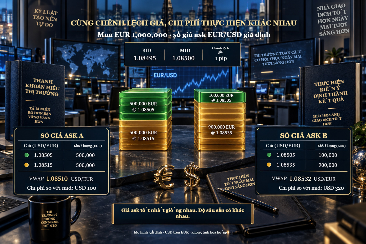 Hai sổ báo giá EUR/USD giả định: cùng chênh lệch giá, VWAP khác nhau cho một triệu EUR