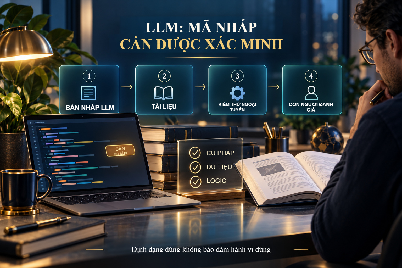 Quy trình minh họa xác thực mã LLM: bản nháp, tài liệu, kiểm thử ngoại tuyến và con người rà soát.