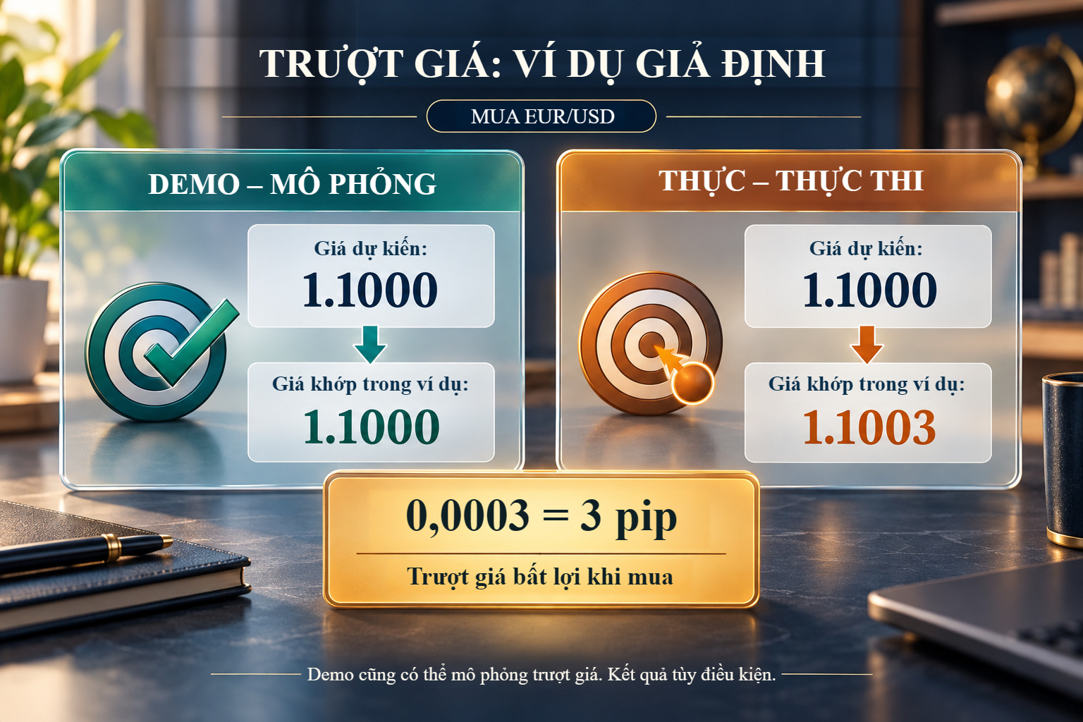 Lệnh mua EUR/USD giả định: giá tham chiếu 1,1000 và giá khớp thật 1,1003 tương ứng trượt giá bất lợi 3 pip.