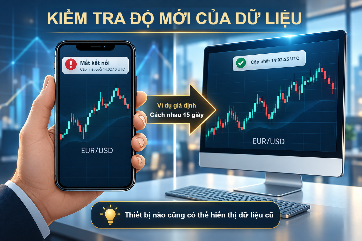 So sánh minh họa báo giá cũ trên điện thoại với chế độ xem cùng tài khoản được cập nhật gần hơn trên màn hình. Giá và dấu thời gian là giả định.