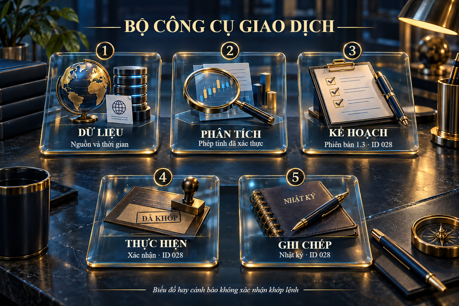 Bộ công cụ giao dịch minh họa: dữ liệu, phân tích, kế hoạch, thực hiện và ghi chép được liên kết bằng một mã quyết định chung.