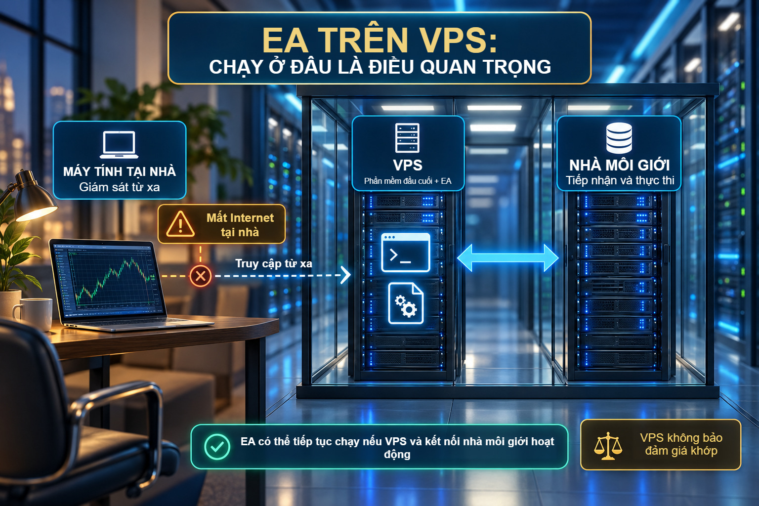 Kiến trúc minh họa: máy tính quản lý, VPS chạy phần mềm và EA, máy chủ giao dịch nhà môi giới.