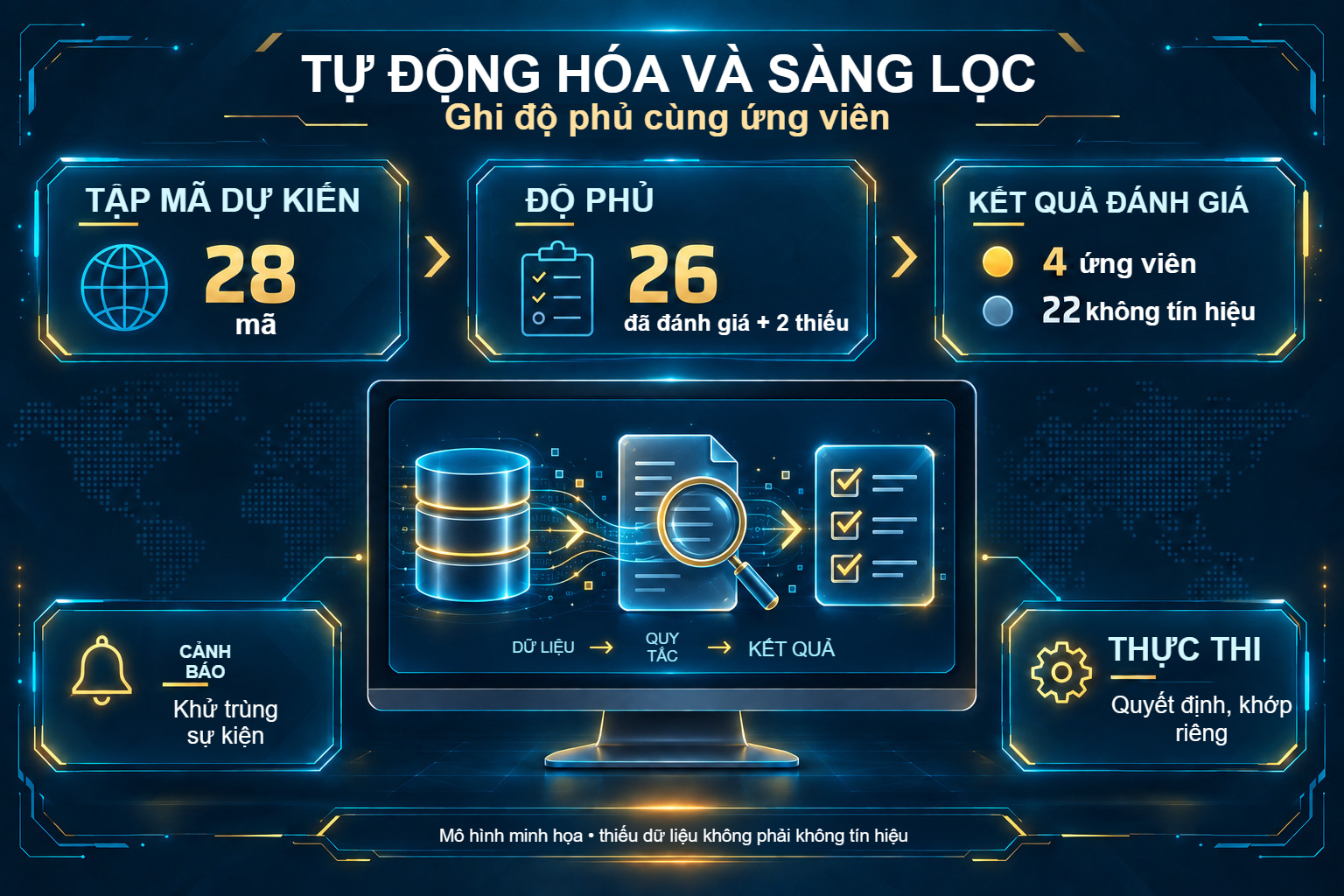 Sàng lọc: 28 mã, đánh giá 26, thiếu dữ liệu 2, có 4 ứng viên