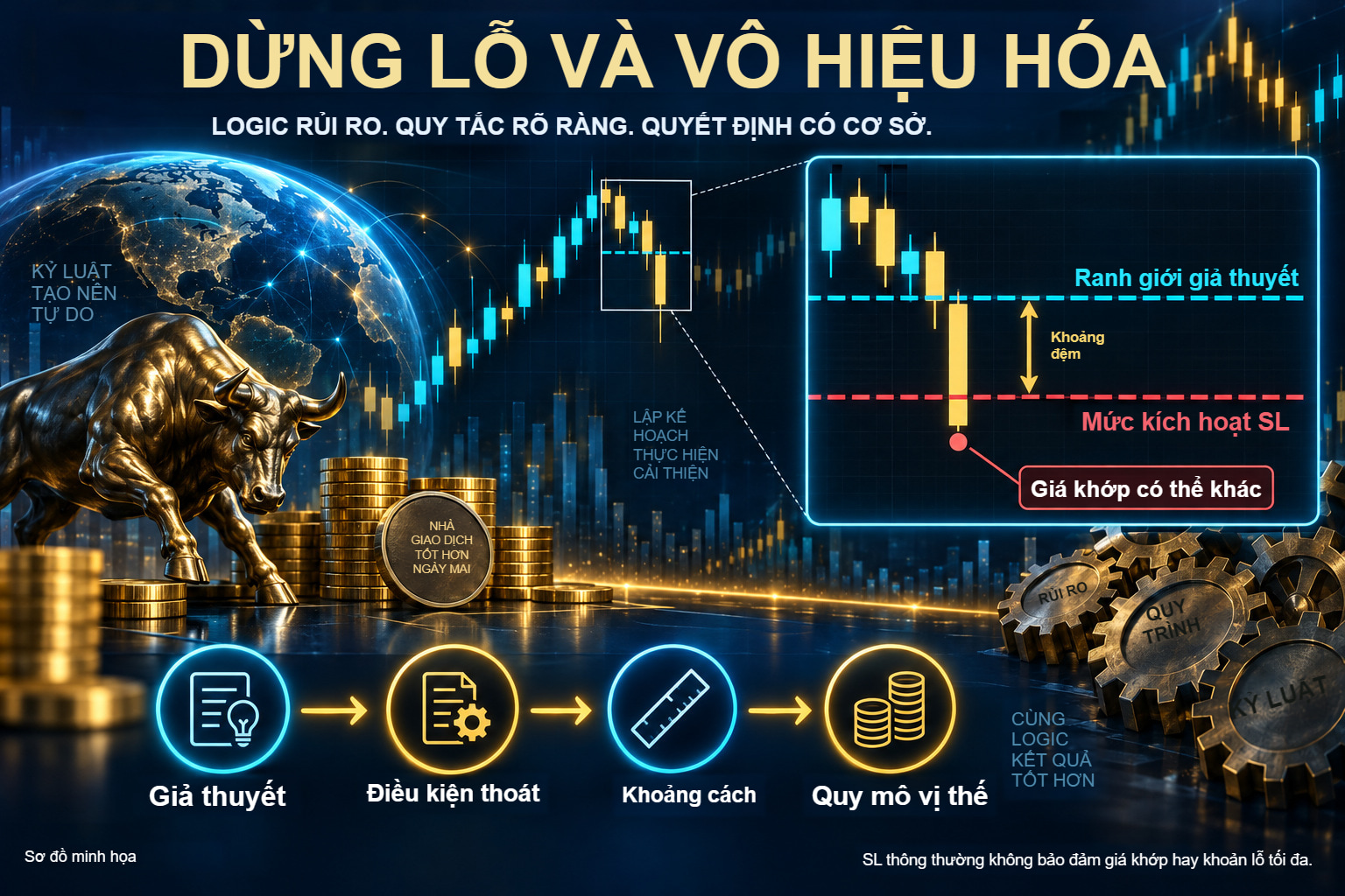 Sơ đồ dừng lỗ chi tiết: ranh giới giả thuyết, khoảng đệm và mức kích hoạt thấp hơn, ví dụ phóng to về giá khớp khác, cùng trình tự từ giả thuyết đến quy mô vị thế.