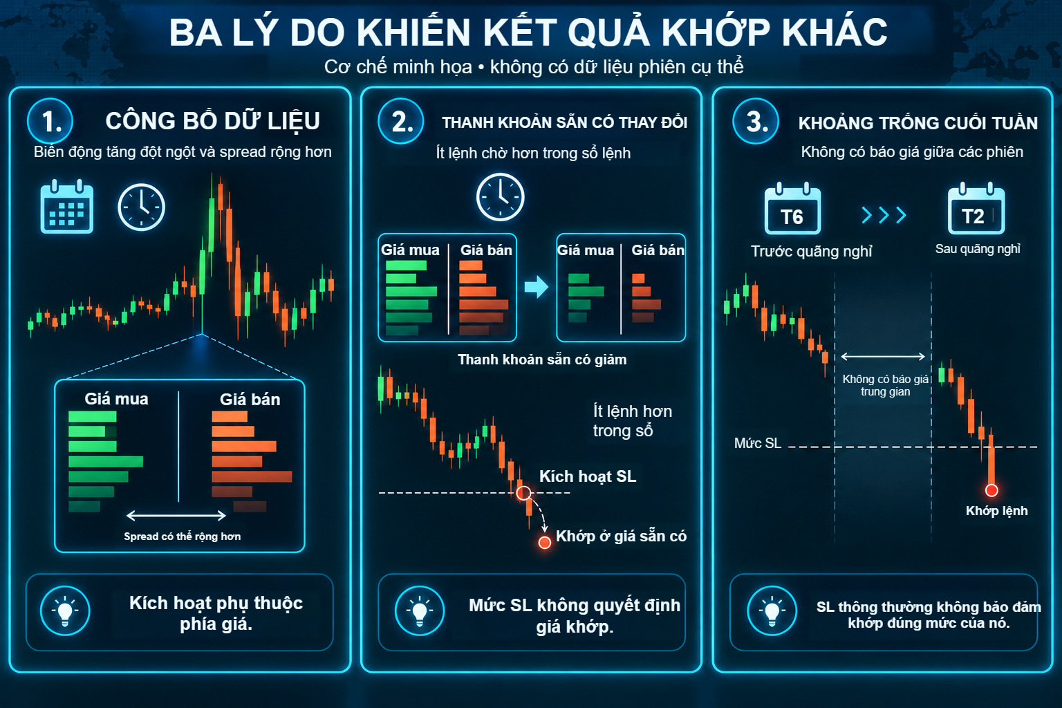 Ba sơ đồ khớp bất lợi chi tiết: spread rộng hơn quanh công bố, thay đổi thanh khoản sẵn có và khoảng trống giữa báo giá cuối trước quãng nghỉ với báo giá đầu sau đó.