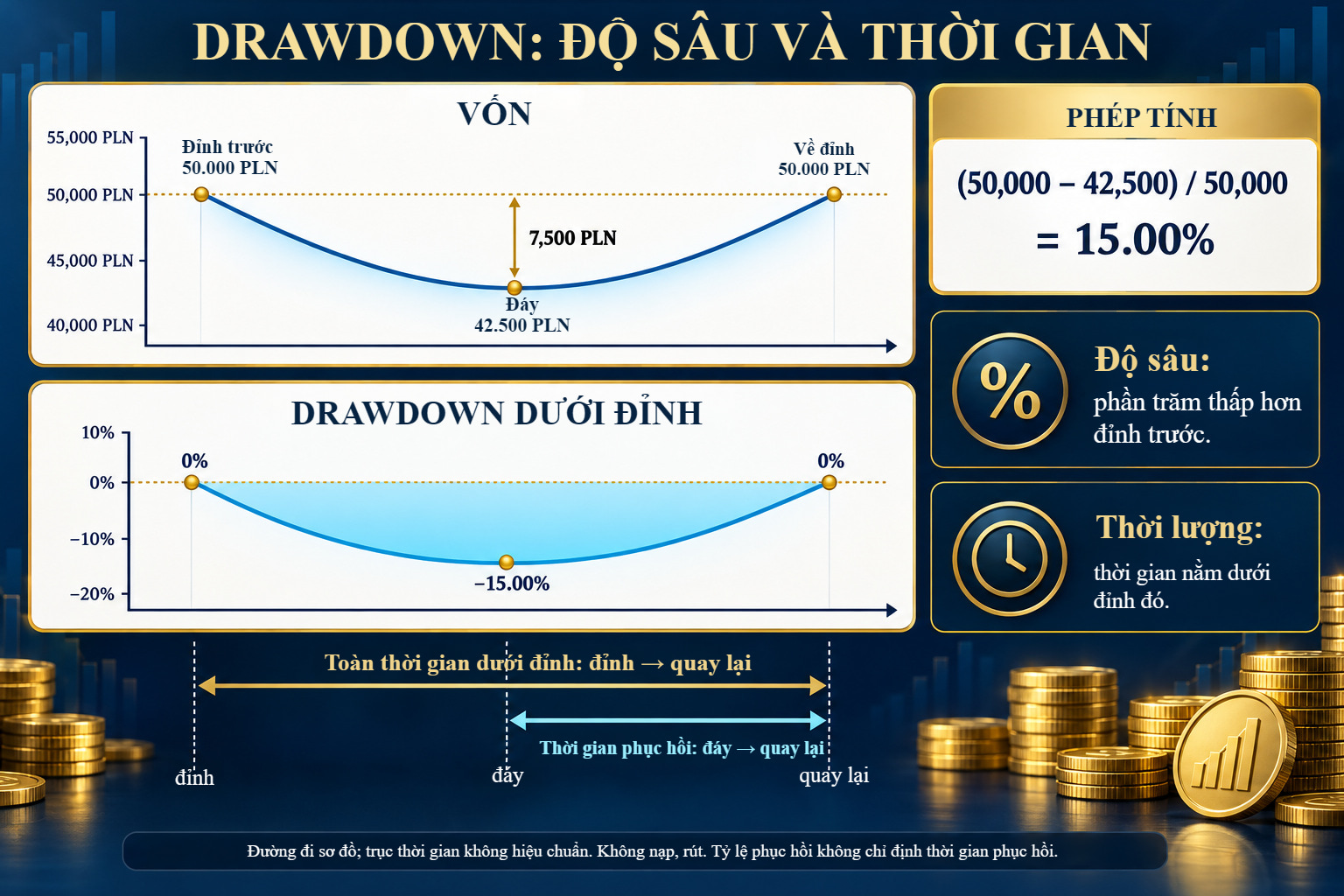 Biểu đồ vốn và dưới đỉnh: 50.000 PLN, đáy 42.500 PLN, quay lại 50.000 PLN; DD 15%.