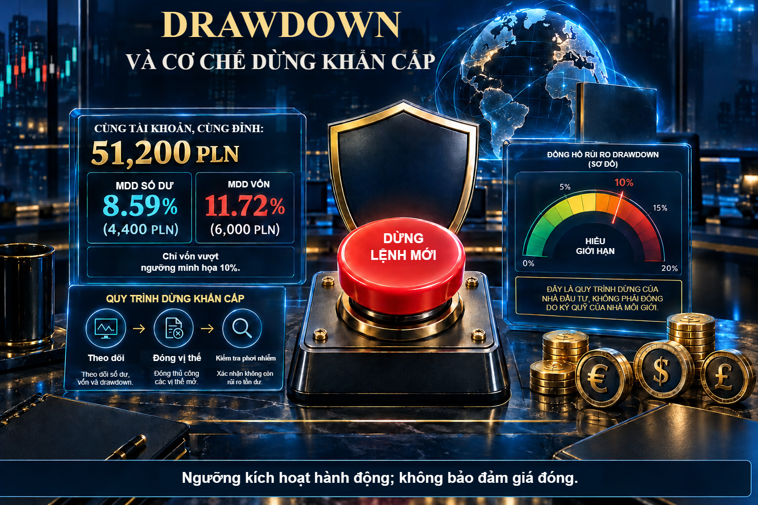 Drawdown: MDD số dư 8,59% và MDD vốn 11,72% từ đỉnh 51.200 PLN.