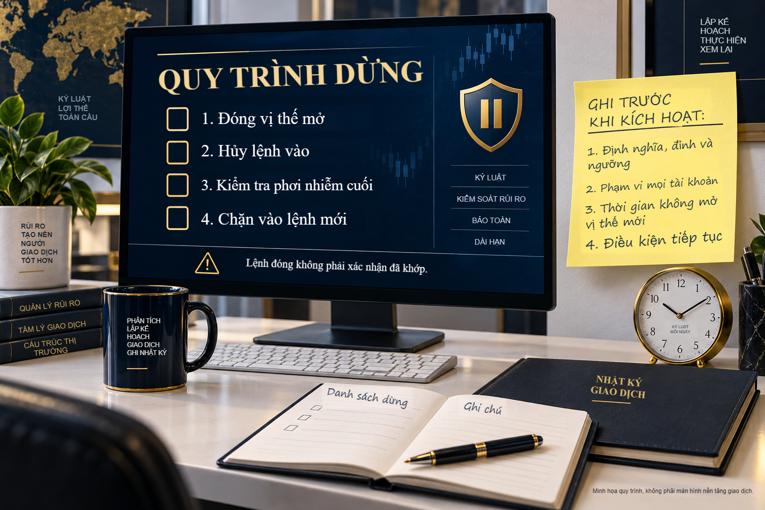 Bàn có quy trình dừng ghi sẵn: đóng, hủy lệnh, kiểm tra mức phơi nhiễm và chặn vào mới.