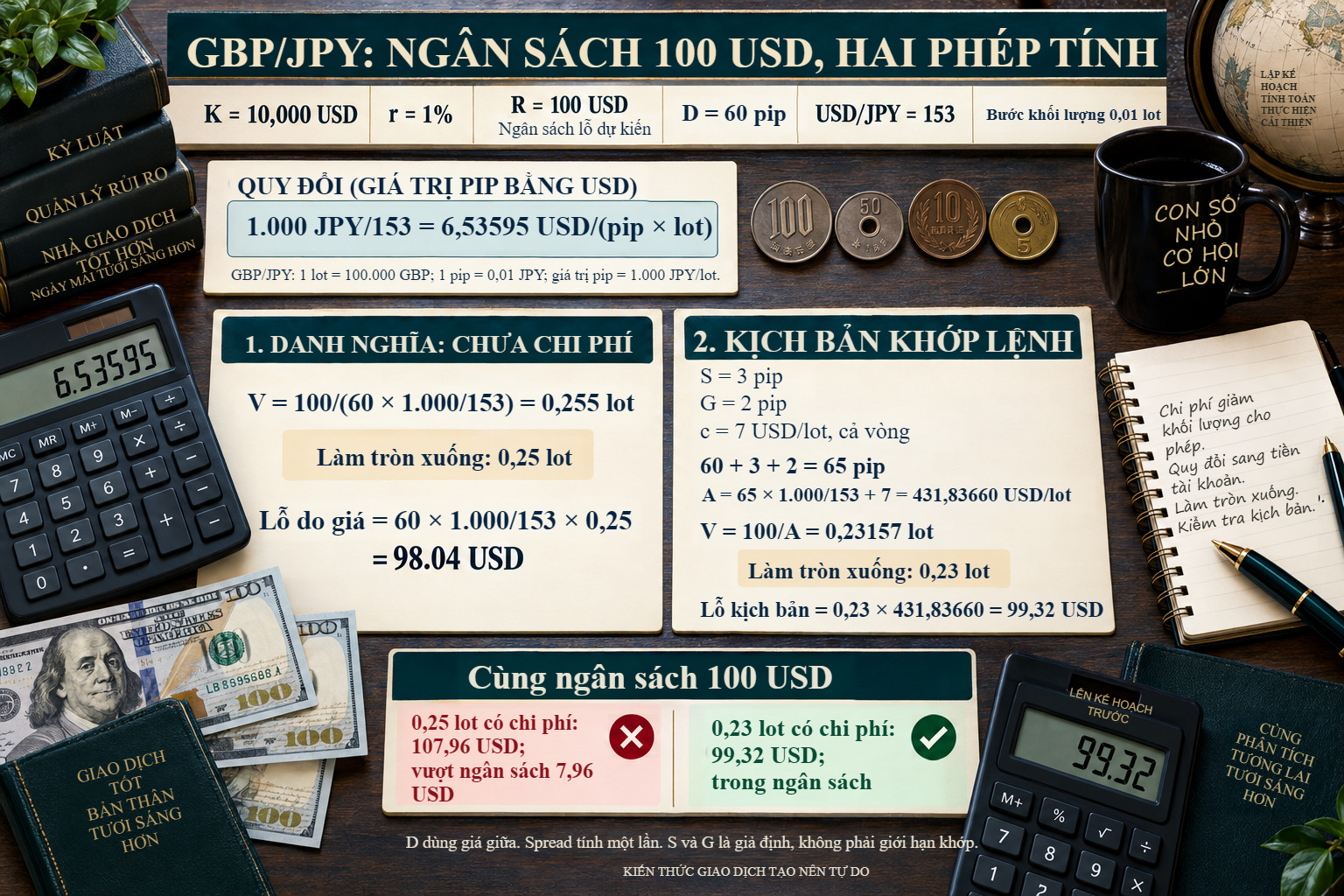 GBP/JPY trên tài khoản USD: 0,25 lot danh nghĩa lỗ 107,96 USD sau chi phí; 0,23 lot tính sau chi phí lỗ 99,32 USD so với ngân sách 100 USD.