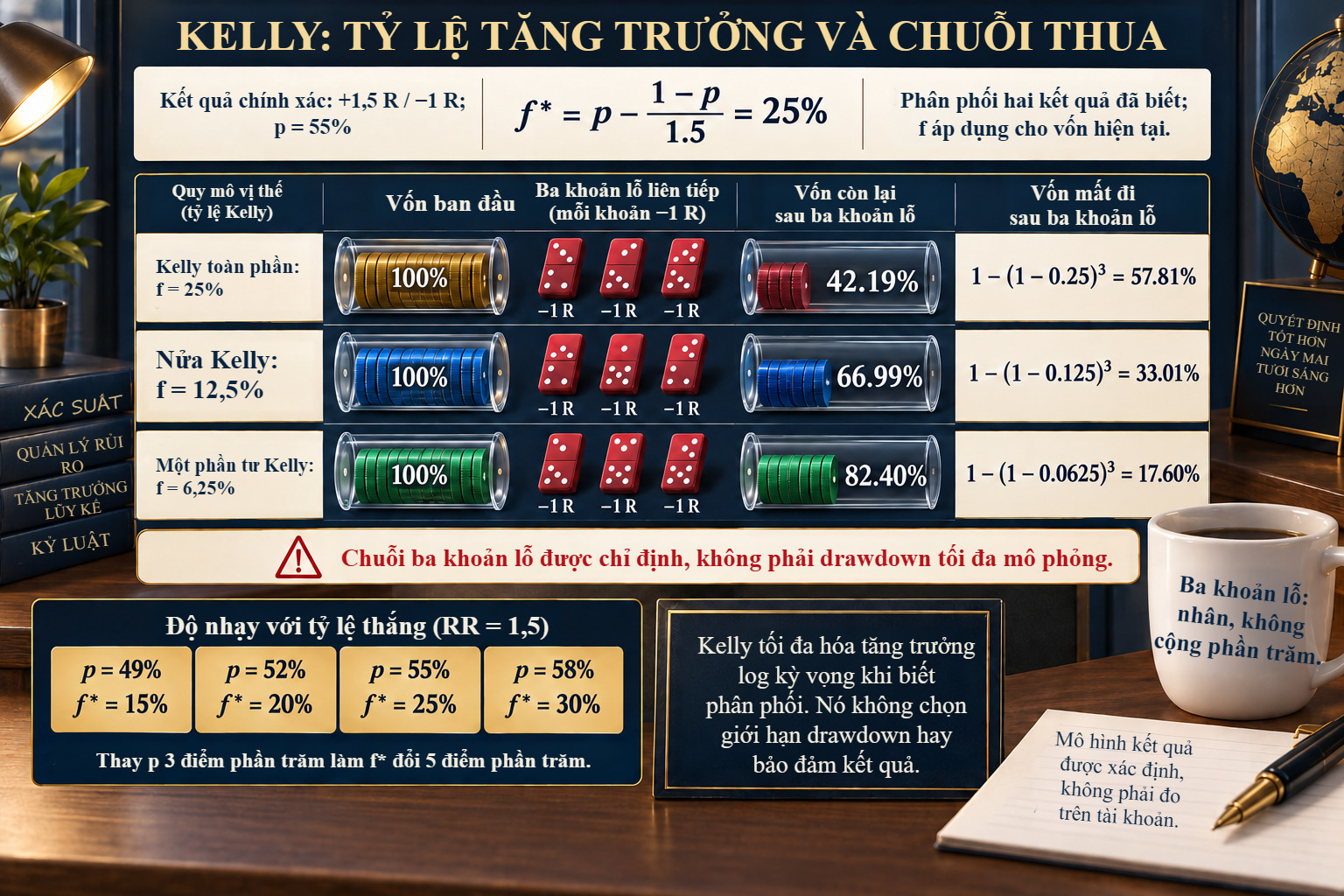 Kelly toàn phần, một nửa và một phần tư ở p = 55%, kết quả +1,5 R và −1 R: ba khoản lỗ còn 42,19%, 66,99% và 82,40% vốn ban đầu.