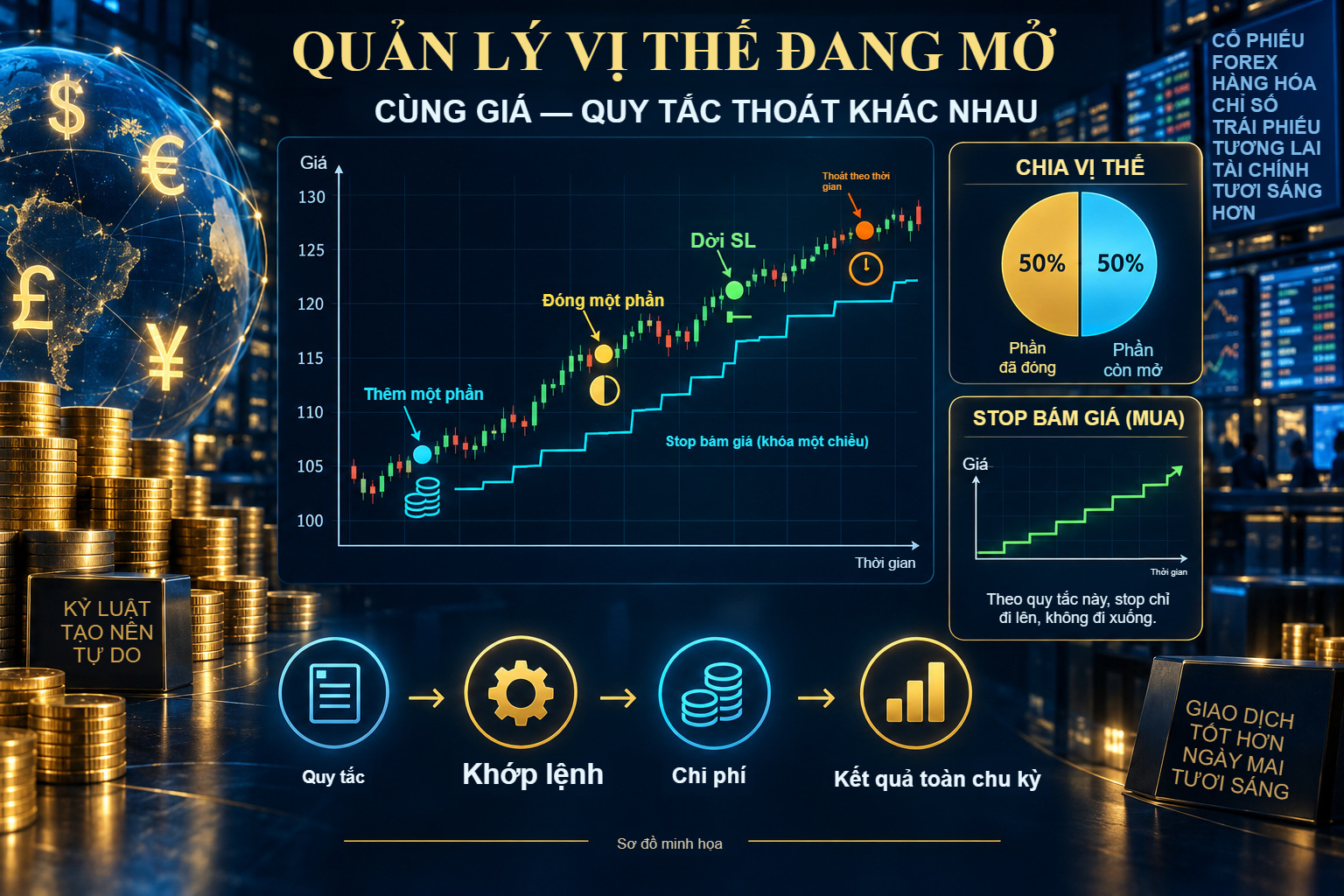 Quản lý vị thế đang mở: cập nhật SL, ngưỡng hòa vốn, thoát một phần và kiểm soát mức phơi nhiễm.