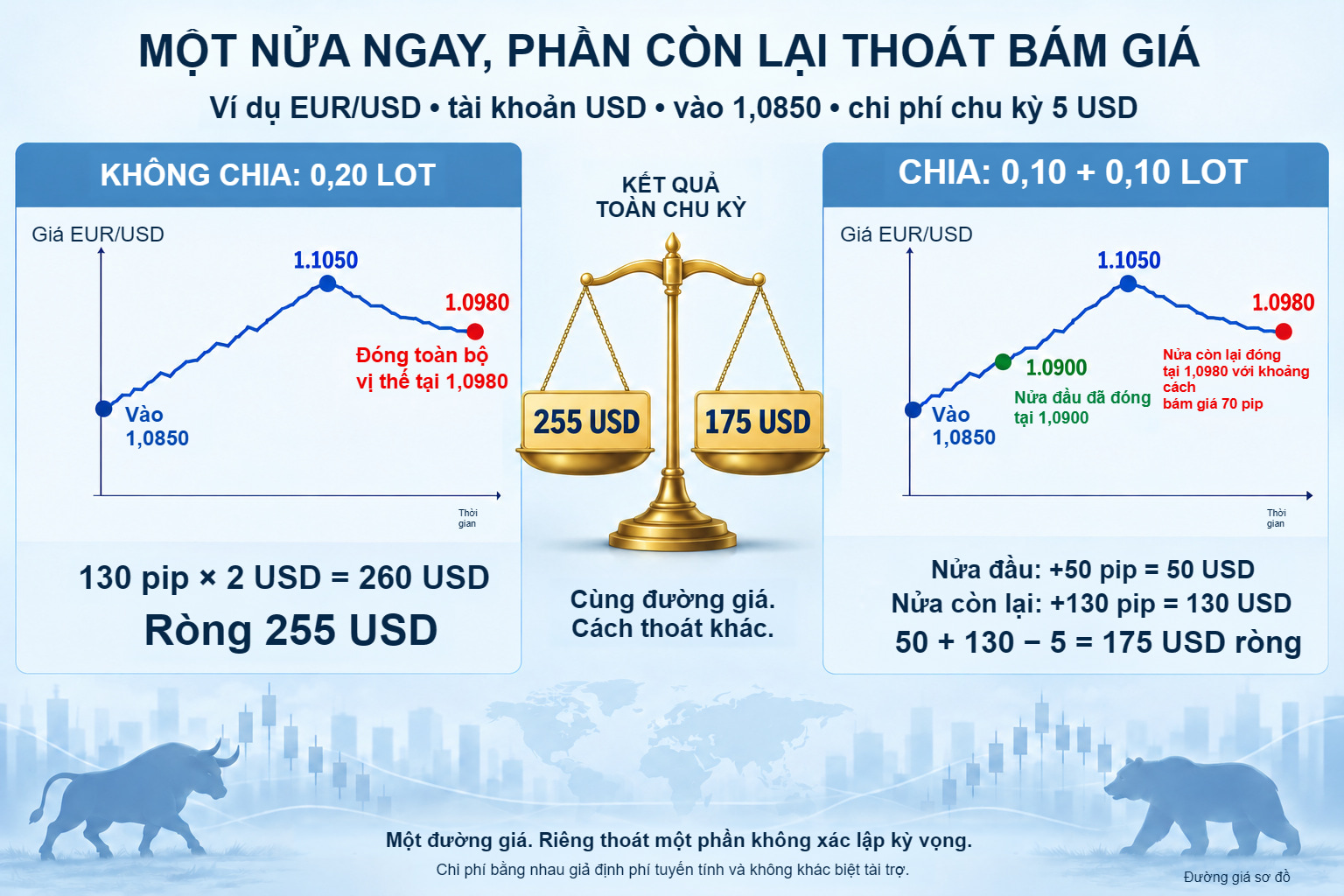 Thoát một phần: 255 USD ròng nếu không chia, so với 175 USD sau khi đóng sớm một nửa.