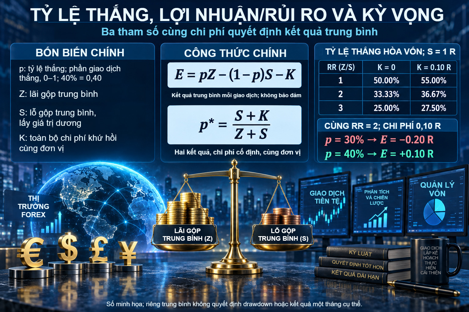 Minh họa định nghĩa tỷ lệ thắng, lãi và lỗ trung bình, chi phí; bảng ngưỡng cho RR 1, 2 và 3 với chi phí bằng không hoặc 0,10 R.