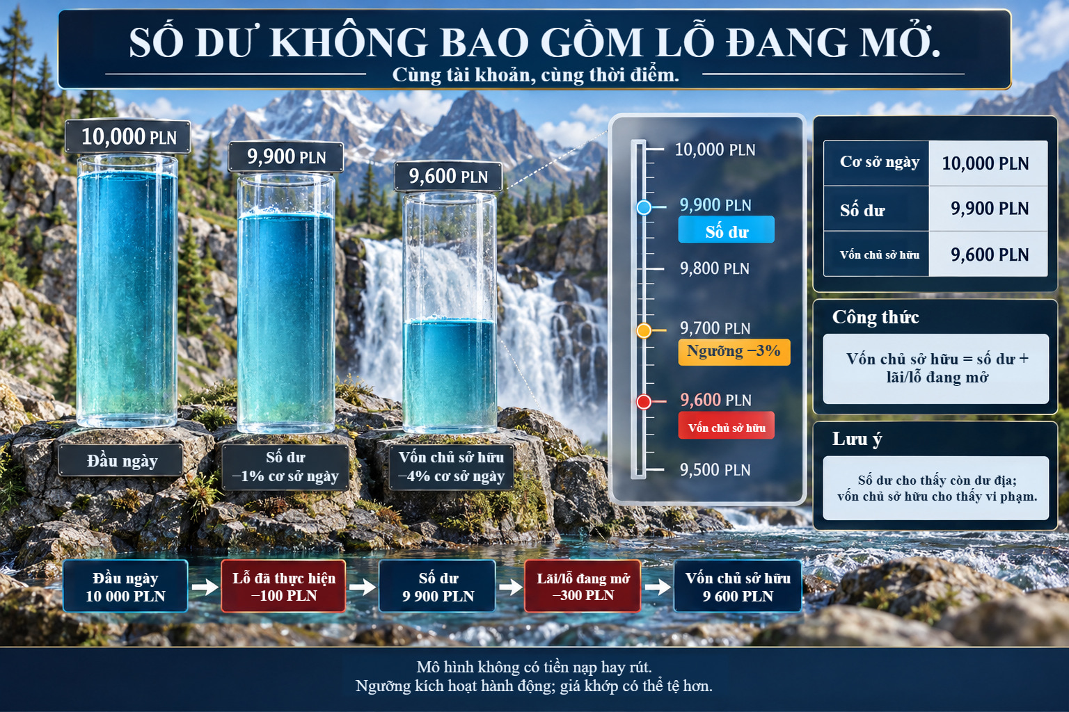 Số dư và vốn chủ sở hữu tại cùng thời điểm: 10 000 PLN đầu ngày, 9 900 PLN sau khoản lỗ đã đóng 100 PLN, 9 600 PLN khi tính thêm lỗ mở 300 PLN. Ngưỡng ngày 9 700 PLN nằm giữa số dư và vốn chủ sở hữu.