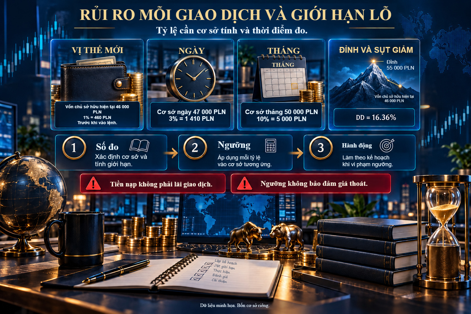 Bốn cơ sở rủi ro riêng biệt: vị thế mới với vốn 46 000 PLN, ngày 47 000 PLN, tháng 50 000 PLN và đỉnh 55 000 PLN. Bên cạnh là các mức 460, 1 410 và 5 000 PLN cùng DD 16,36%.