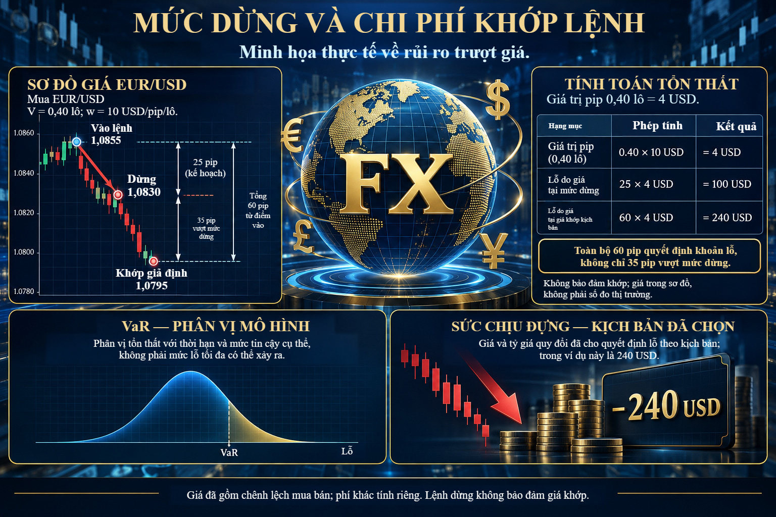Vị thế mua EUR/USD minh họa: vào 1,0855, dừng 1,0830, khớp giả định 1,0795. 25 pip theo kế hoạch cho 100 USD; toàn bộ 60 pip cho 240 USD trước phí.