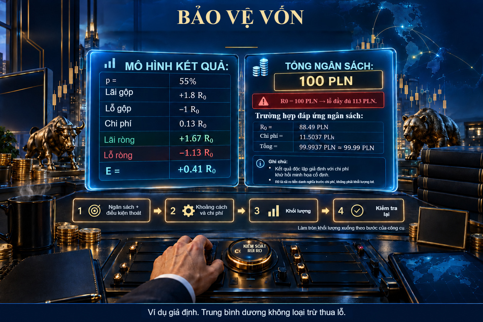 Hai bảng minh họa: mô hình p=55%, kết quả ròng +1,67/−1,13 R₀ và E=+0,41 R₀; ngân sách 100 PLN được đáp ứng bởi đơn vị danh nghĩa 88,49 PLN với chi phí 11,5037 PLN.
