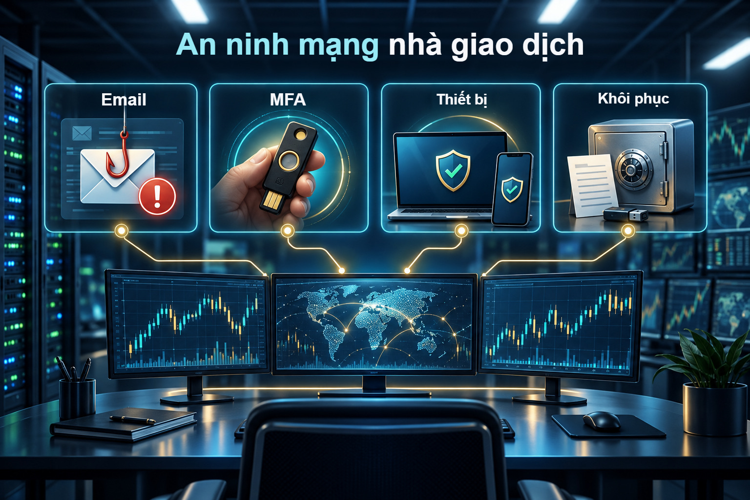 Các lớp an ninh mạng của nhà giao dịch: email, xác thực đa yếu tố, thiết bị và khôi phục tài khoản.