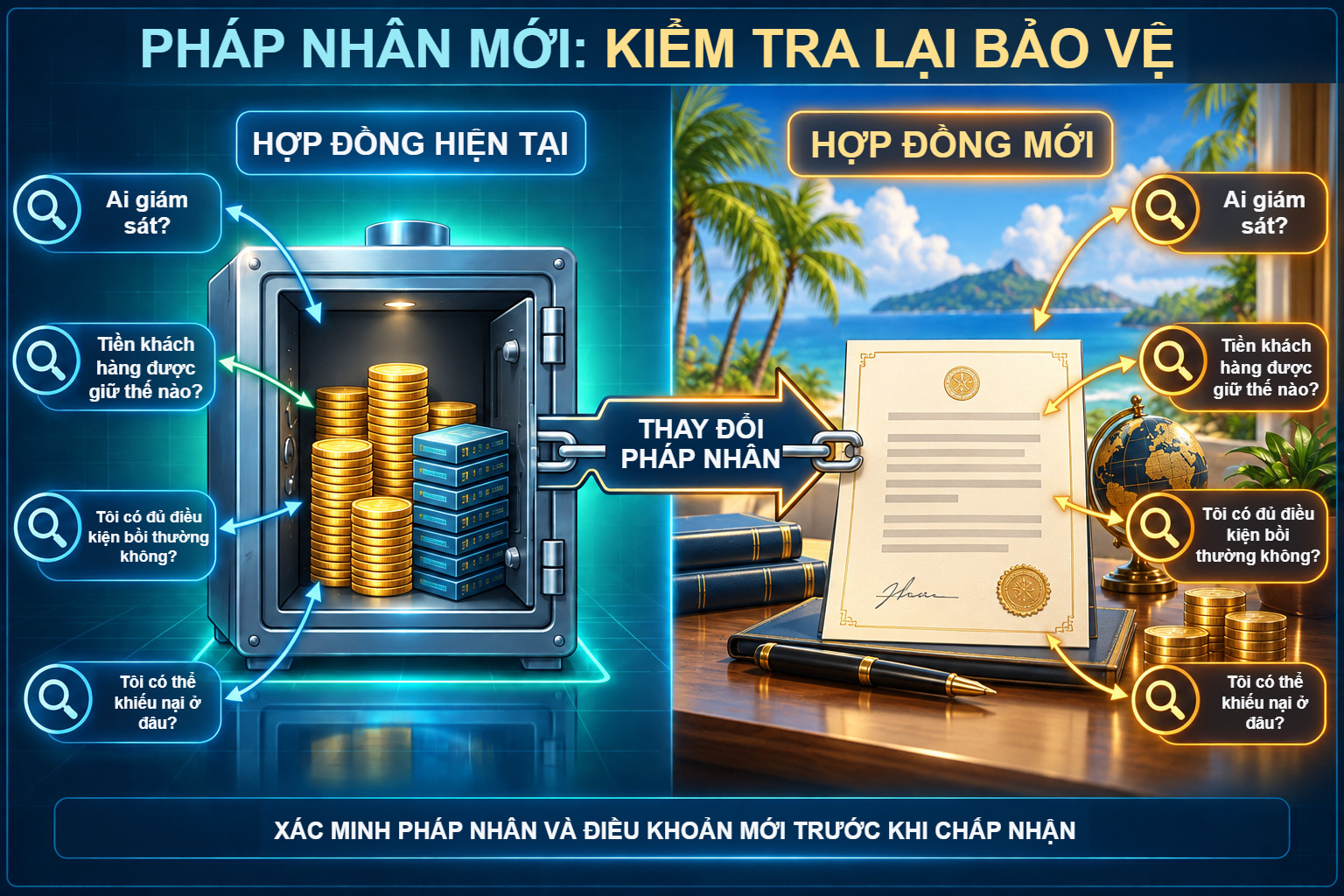 So sánh hợp đồng hiện tại và hợp đồng mới khi chuyển tài khoản sang pháp nhân khác.