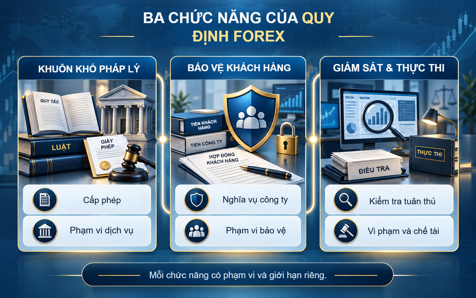 Ba chức năng quản lý riêng: khuôn khổ pháp lý, bảo vệ khách hàng cụ thể và thực thi của cơ quan giám sát.