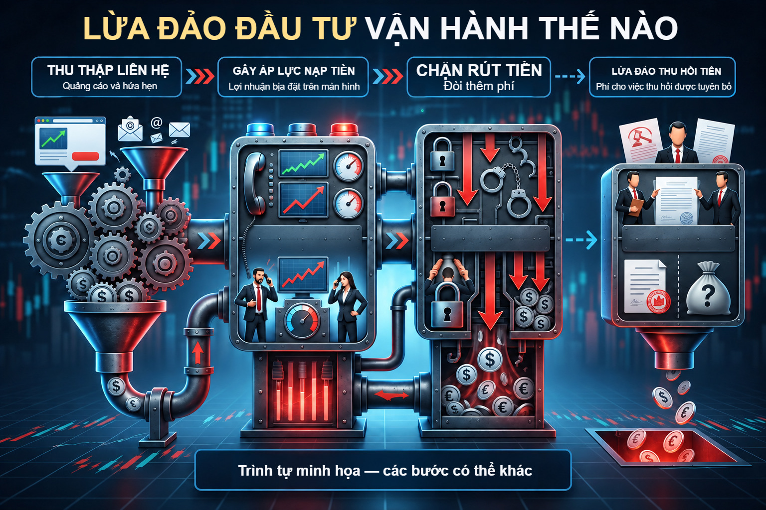 Bộ máy lừa đảo minh họa từ thu thập liên hệ, gây áp lực nạp tiền đến chặn rút tiền.